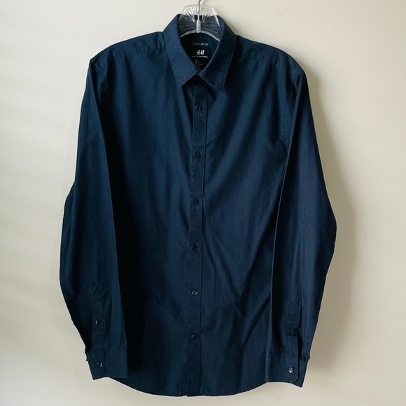 H&M button down mens navy blue Dress Shirt easy iron size small - Picture 9 of 11